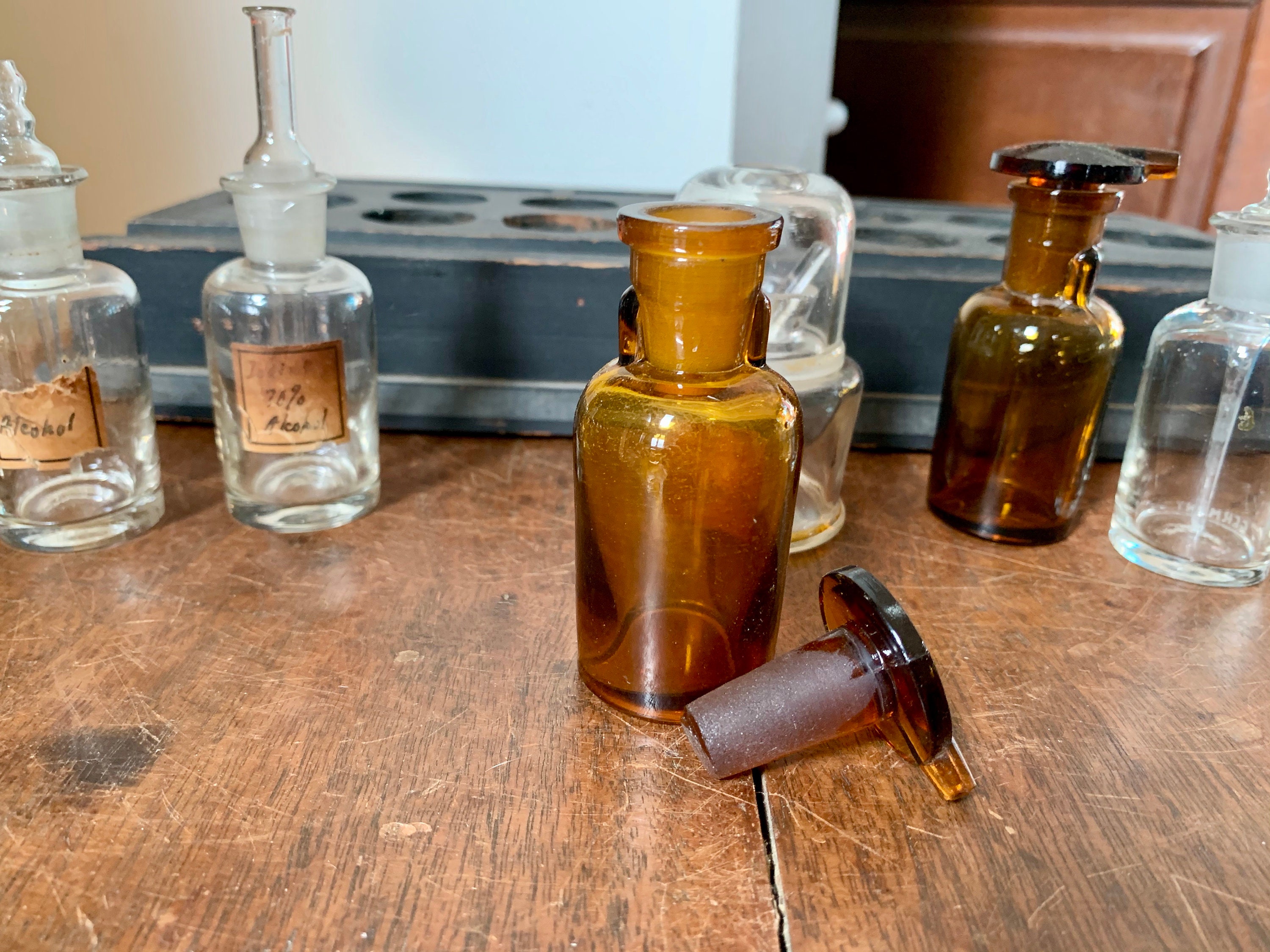 Antique Glass Medicine Bottles and Wood Tray Old Medicine Etsy