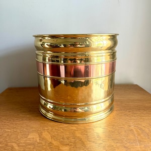 Vintage Round Brass Planter | Bristol Brass & Copper Inc. Planter | Brass Bucket with Copper Band | 8 3/4&quot; in dia. Brass Planter
