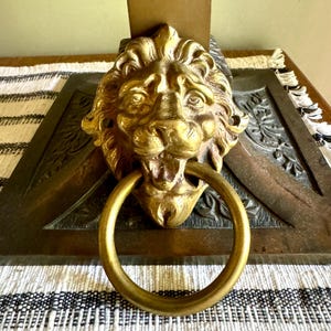 Small Vintage Brass Lion&#39;s Head Door Pull | Rustic Door Knocker | Lion Head Door Pull | Decorative Hollywood Regency Drawer Pull