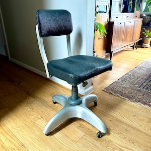 Vintage Industrial Drafting Chair | Good Form Office Chair | Art Deco Gio Ponti Padded Office Chair| Black Rolling Adjustable Swivel Chair |
