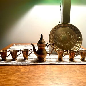 Vintage India Brass Tea Set with Tray| Engraved Brass Tea Set| Small India Wine Serving Set| Turkish Brass Coffee Set | Middle Eastern Decor