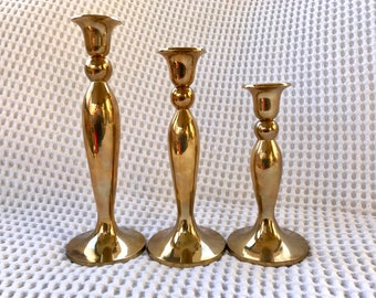 Set of 3 Solid Brass Candlestick | 3 Brass Candles Sticks | Hollywood Regency Brass Candle Holders | Brass Candlesticks | Candle Holders