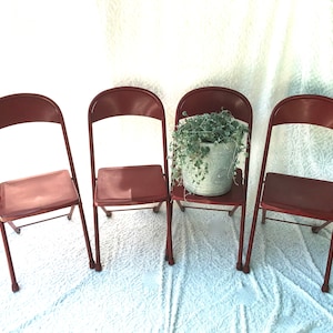 Set of Four Red Folding Chairs | Metal Folding Chairs | Matching Industrial Folding Chairs | Urban Decor Chair | Extra Seating |Rustic Decor
