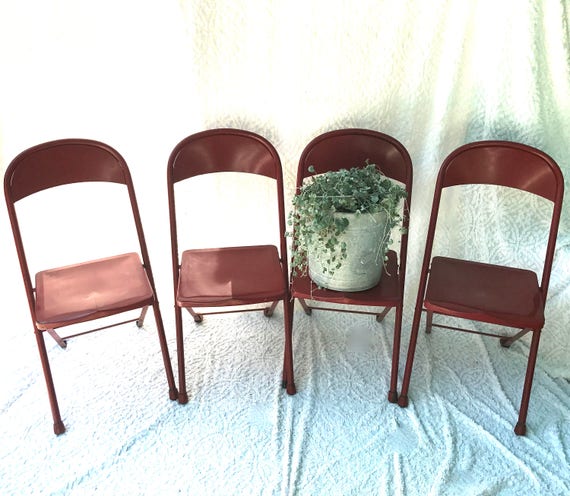 Set of Four Red Folding Chairs Metal Folding Chairs Matching