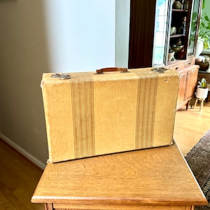 Vintage Wrapped Wood Distressed Hardshell Suitcase | Rustic Striped Hardshell Suitcase | MCM Suitcase | Overnight Bag | Antique Suitcase