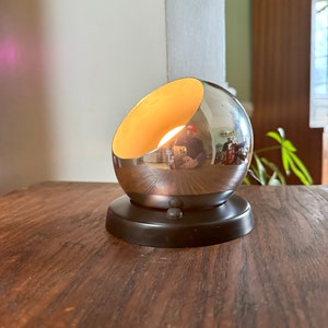 Vintage MCM Swivelier Eyeball Lamp | MCM Chrome Orb Lamp | Chrome Eyeball Spotlight With Black Base | Atomic Orb Lamp | Orb Lamp With Base