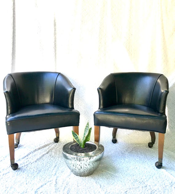 Vintage Black Rolling Club Chairs, Black Leather Club Chair
