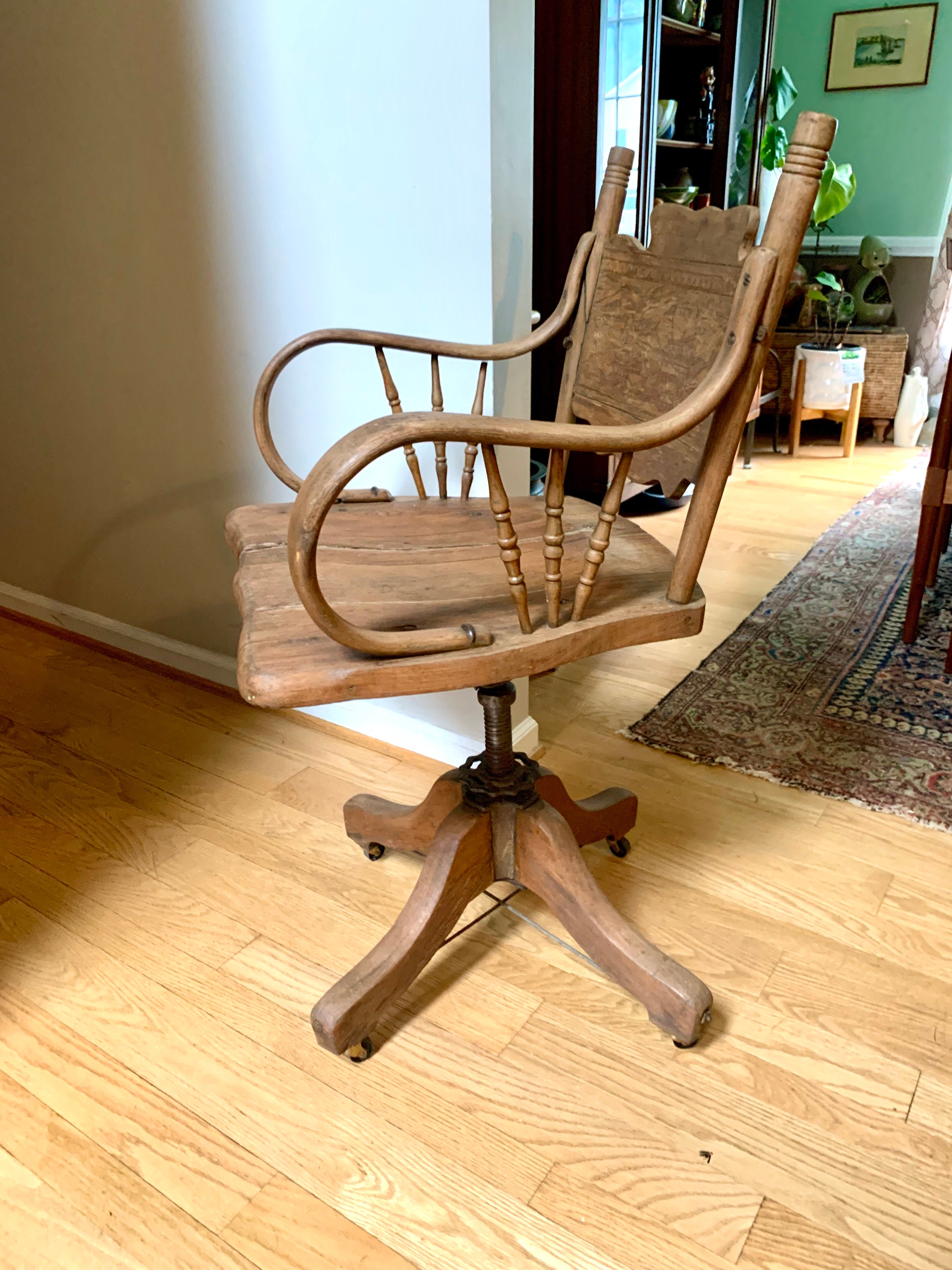 Rustic Solid Wood Desk Chair Primitive Wooden Swivel Chair Antique