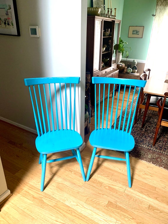 Two Blue Tall Windsor Chairs Crinkle Painted Windsor Chairs Etsy