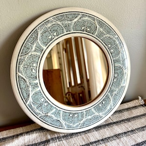 Vintage Round Ceramic Wall Mirror | Blue and White Ceramic Mirror | Signed Ceramic Mirror