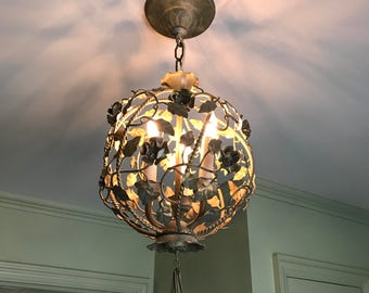 1950&#39;s Italian Gilt Style Chandelier | Vintage Italian Gilt Style Tole | Floral Vine Cluster Tole | Retro Floral Pendant | Nest Style Light
