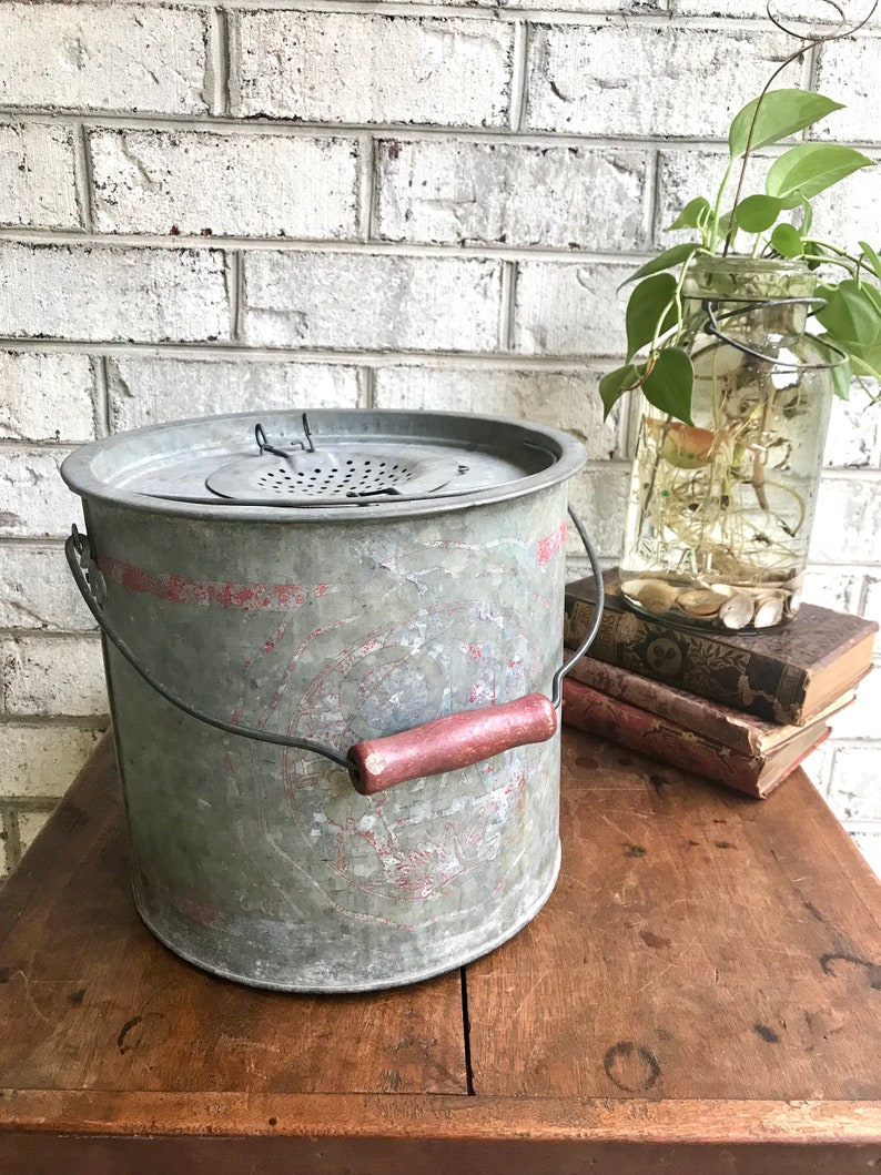 Rustic Minnow Bucket Metal Bait Bucket With Net Two Piece Etsy