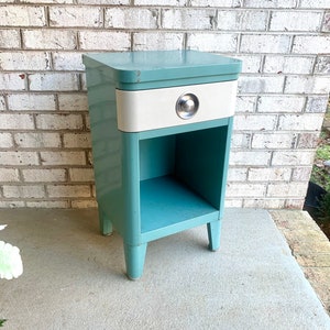 Vintage Norman Bel Geddes Art Deco Night Stand | Turquoise Bel Geddes For SImmons Furniture Night Stand | Art Deco Metal Stand With Drawer