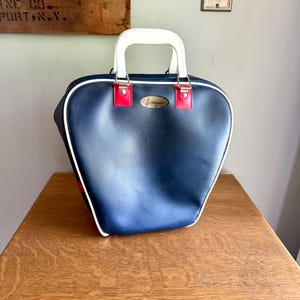 Vintage Atlantik Blau und Rot Bowling Tasche | Atlantik Vinyl Bowlingtasche | Atlantik Bowlingkugel-Tasche | Marineblau Handtasche | Up-cycled Geldbörse