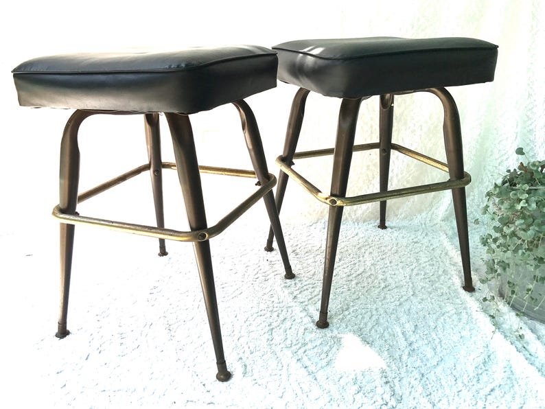 Pair of Midcentury Bar Stools Low Medium Black Vinyl Stools Etsy