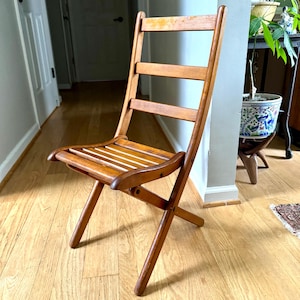 Vintage Child&#39;s Slatted Wood Folding Chair | Small Unique Folding Wood Chair | Antique Folding Chair | Rustic Folding Chair | Extra Seating