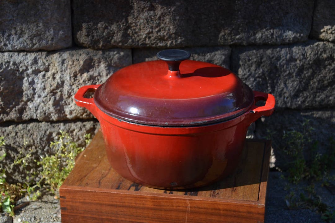 Vintage Cast Iron Enamel Pot Dutch Oven Red Cast Iron Enamel Pan Red Two Toned Heavy Enamel Cast