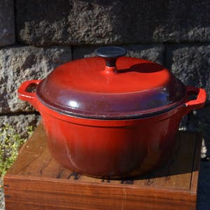 Vintage Cast Iron Enamel Pot Dutch Oven | Red Cast Iron Enamel Pan | Red Two Toned Heavy Enamel Cast Iron Pot | Chipped Enamel Sauce Pan