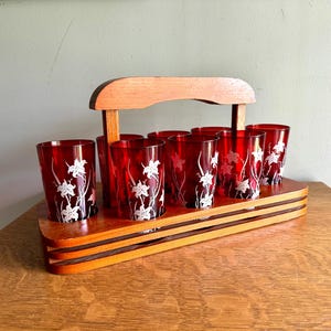 Set of 8 Ruby Red Anchor Hocking Juice Glasses | Anchor Hocking White Tiger Lilly Glasses | MCM Ruby Red With Tiger Lily Glasses with Caddy
