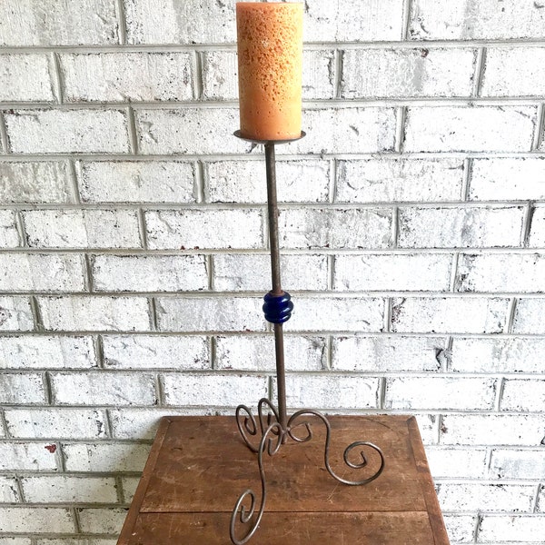 Vintage Iron Candle Stick | Rod Iron Candle Holder With Blue Glass Bead | Wrought Iron Candelabra | Bare Steel Twisted Metal Candle Stands