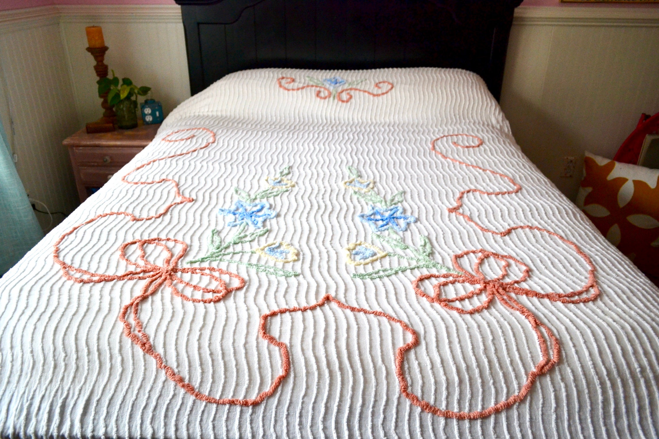 Bedding Quilts Antique Vintage Chenille Bedspread Plush Floral Chenille
