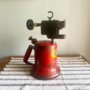 A Vintage Red Unique Mfg. Blow Torch | Unique Mfg. Co. Kerosine Blow Torch | Distressed Red Kerosine Torch | Rustic Wood Handled Blow Torch