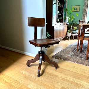 Vintage Solid Wood Desk Chair | Wooden Swivel Chair | Wood Industrial Chair | Old Library Chair| Rustic Caster Chair | Adjustable Chair