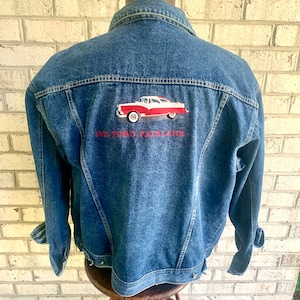 Vintage 1955 Ford Fairlane Jean Jacket | Classic Car Embroidered Denim Jacket | Old Ford Car Denim Jacket | XL Ford Fairlane Jean Jacket