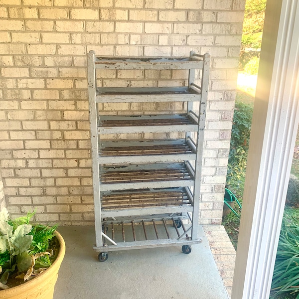 Vintage Wood Rolling Baking Tray Cart | Industrial Pottery Cart | Vintage Distressed Wood Shoe Cart| Baker's Rack| Rustic Wood Rolling Shelf