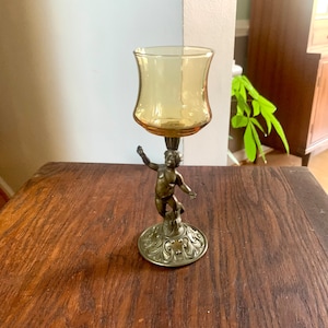 Vintage Cherub Statue Candle Holder | Brass Votive Candle Holders | Amber Glass Cherub Candle Holder | Brass Cherub Angel Candleholder