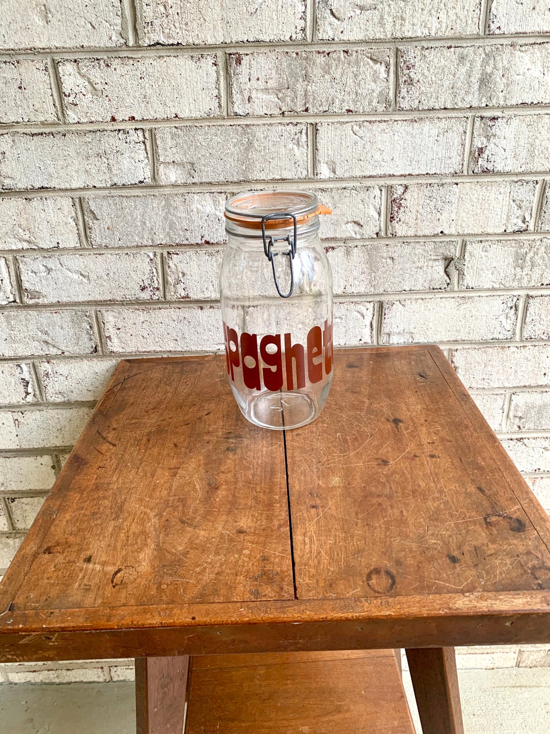 Vintage Glass Spaghetti Jar Glass Wire Bail Canister Red Retro Kitchen