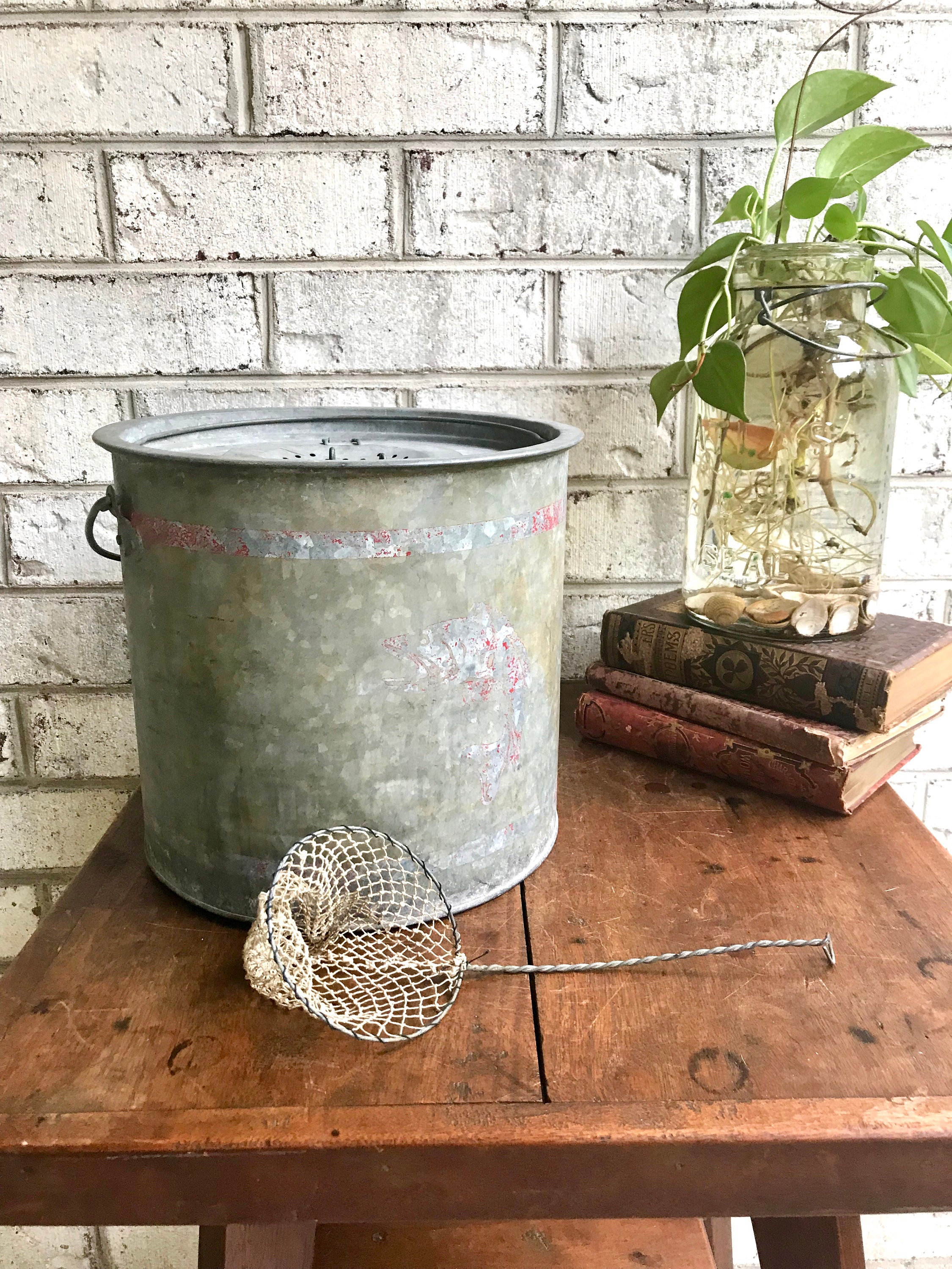 Rustic Minnow Bucket Metal Bait Bucket With Net Two Piece Etsy Australia