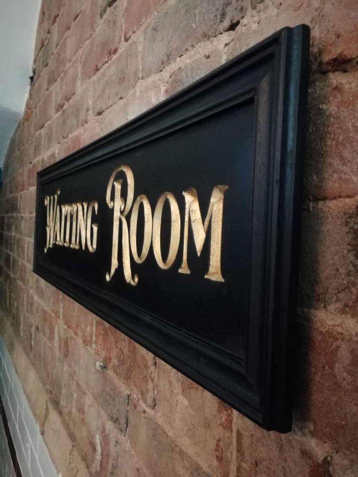 WAITING ROOM Sign Carved Wooden Sign Gold Black Period Vintage Style