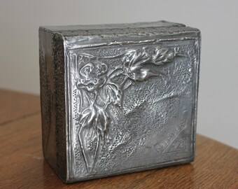 Pewter & Wood Deco Box with Hinged Lid - Embossed Flowers/Leaves Decoration