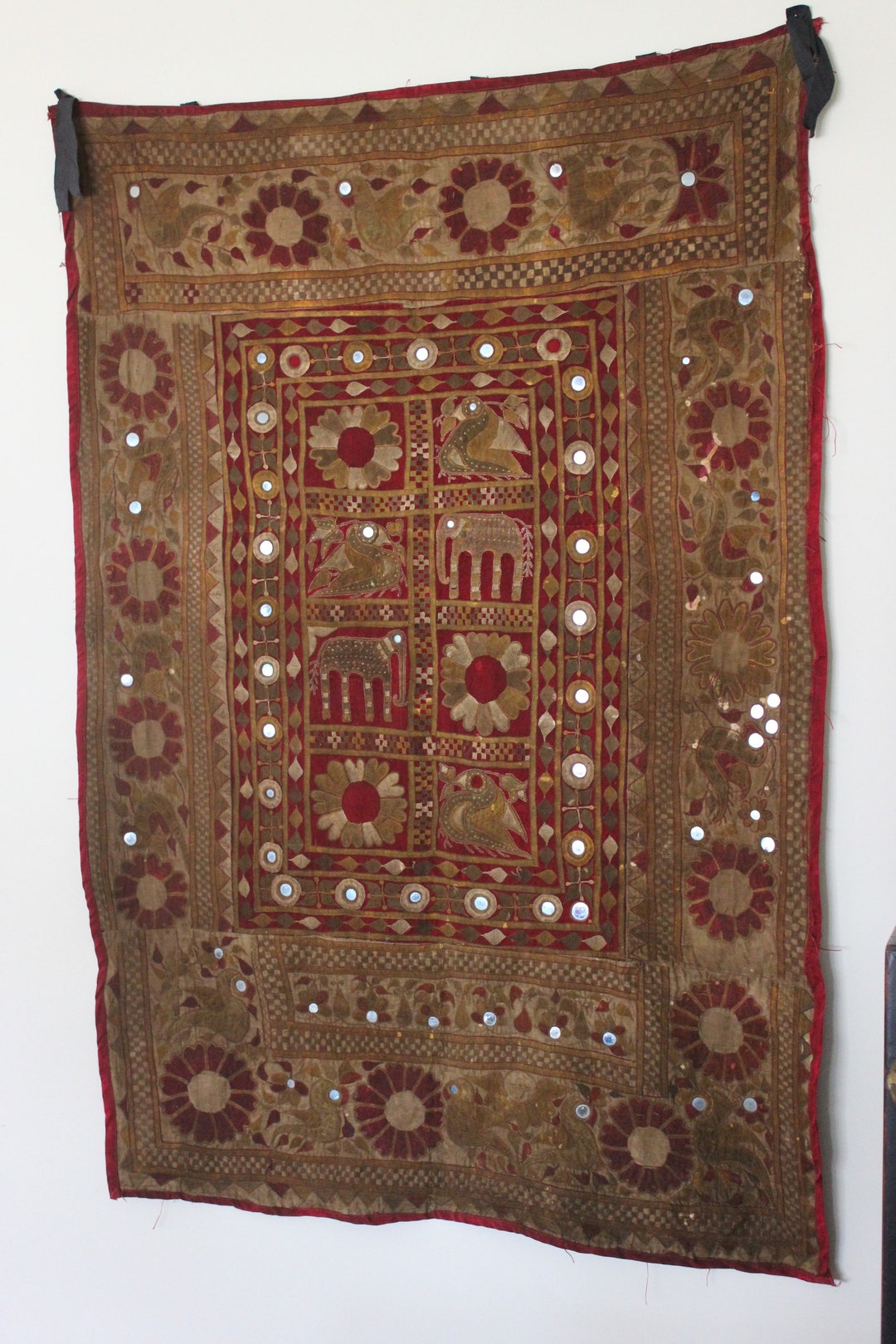 Antique Hand Stitched Wall Hanging/tapestry From India With Shisha Work