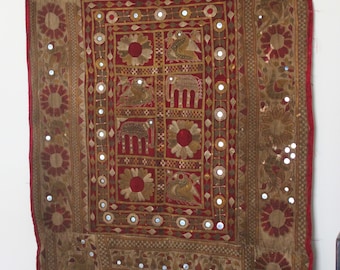 Antique Hand stitched Wall hanging/Tapestry from India with Shisha work: Earth tones