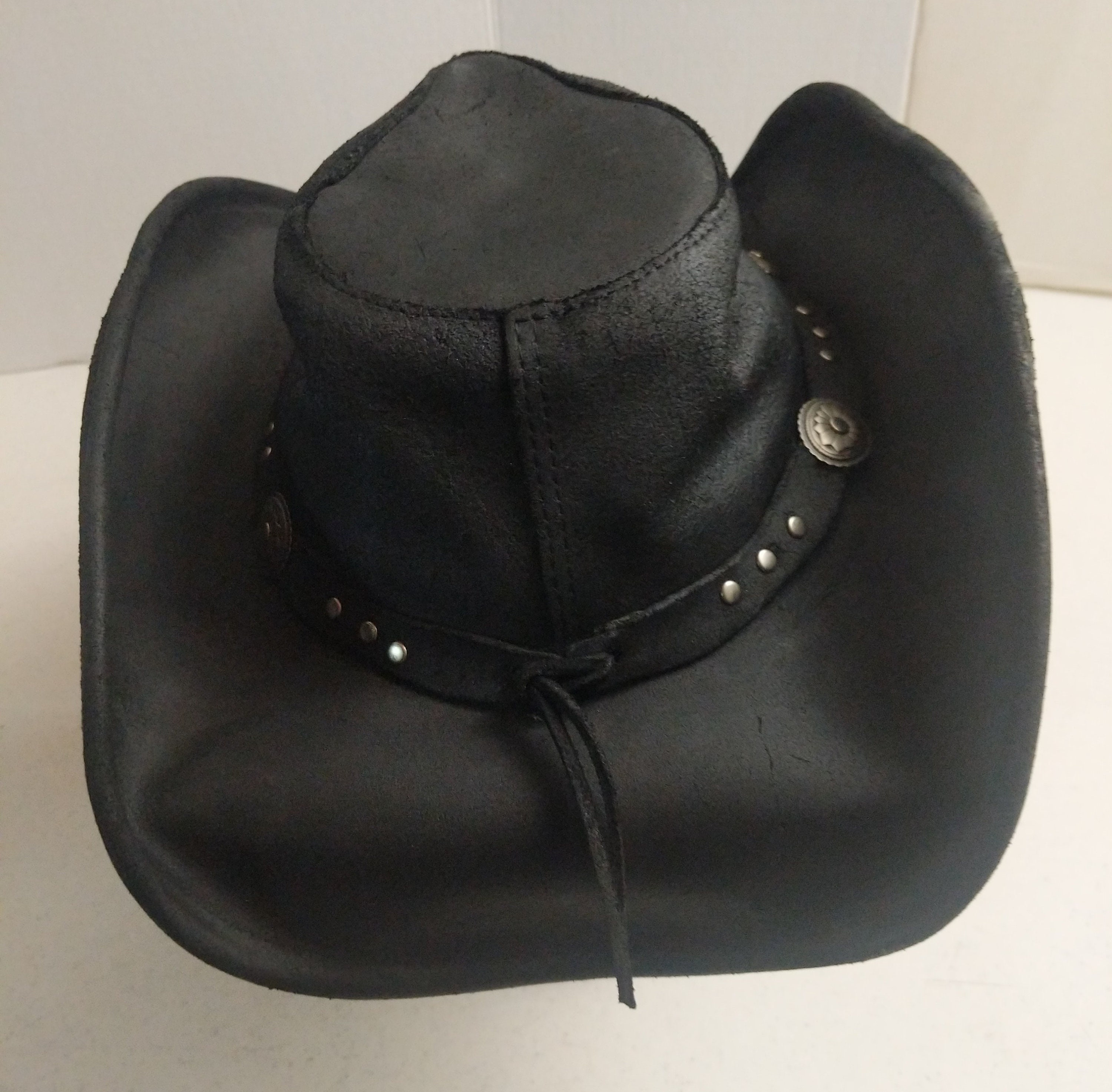Chapeau Minnetonka Cuir Noir 'The Outback' Avec Concho - Taille S - Vintage