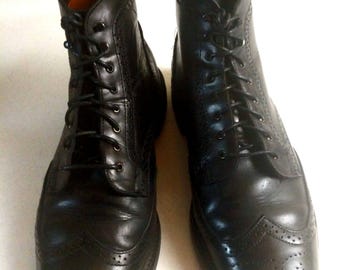 Vintage Black Leather Wingtip Brogue Boots - Men's Size 12