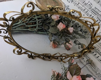 Christmas Gift,Vintage Brass Scroll Patina Scroll Mirror Cottage Shabby Chic Decor