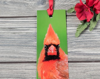 Cardinal Bookmark, Red Bird Bookmark, Bird Bookmark, Bird Photo Bookmark, Nature Bookmark, Bookmark with Ribbon, Double-sided Bookmark