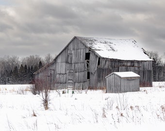 Winter Barn Photography Print, Snowy Rustic Decor, Michigan Art