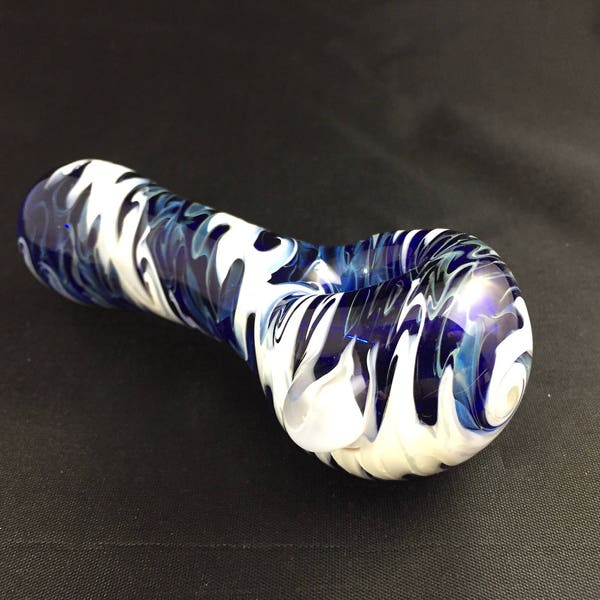 Glass pipe, hand blown, rare old school zipper pattern,  White on cobalt with silver