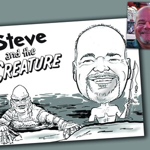 Creature from the Black Lagoon, Caricature, Birthday Gift, Personalized Drawing, Drawing from photo. Unique Gill Man Horror movie