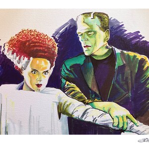 May include: A watercolor painting of the Bride of Frankenstein and Frankenstein's monster. The Bride has a shocked expression, with red and white hair. Frankenstein is green-skinned, wearing a black jacket. The artwork has a vintage, classic horror movie theme.