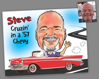 Classic Car, Chevy, Color Caricature, Chevy, Birthday Gift, Personalized Drawing, Drawing from photo.