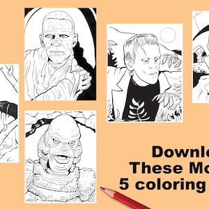 MONSTERS Coloring Page Digital Download, 5 PAGES, Doodling Coloring Page, Kids Coloring Page, Adult Coloring, Frankenstein, Wolfman