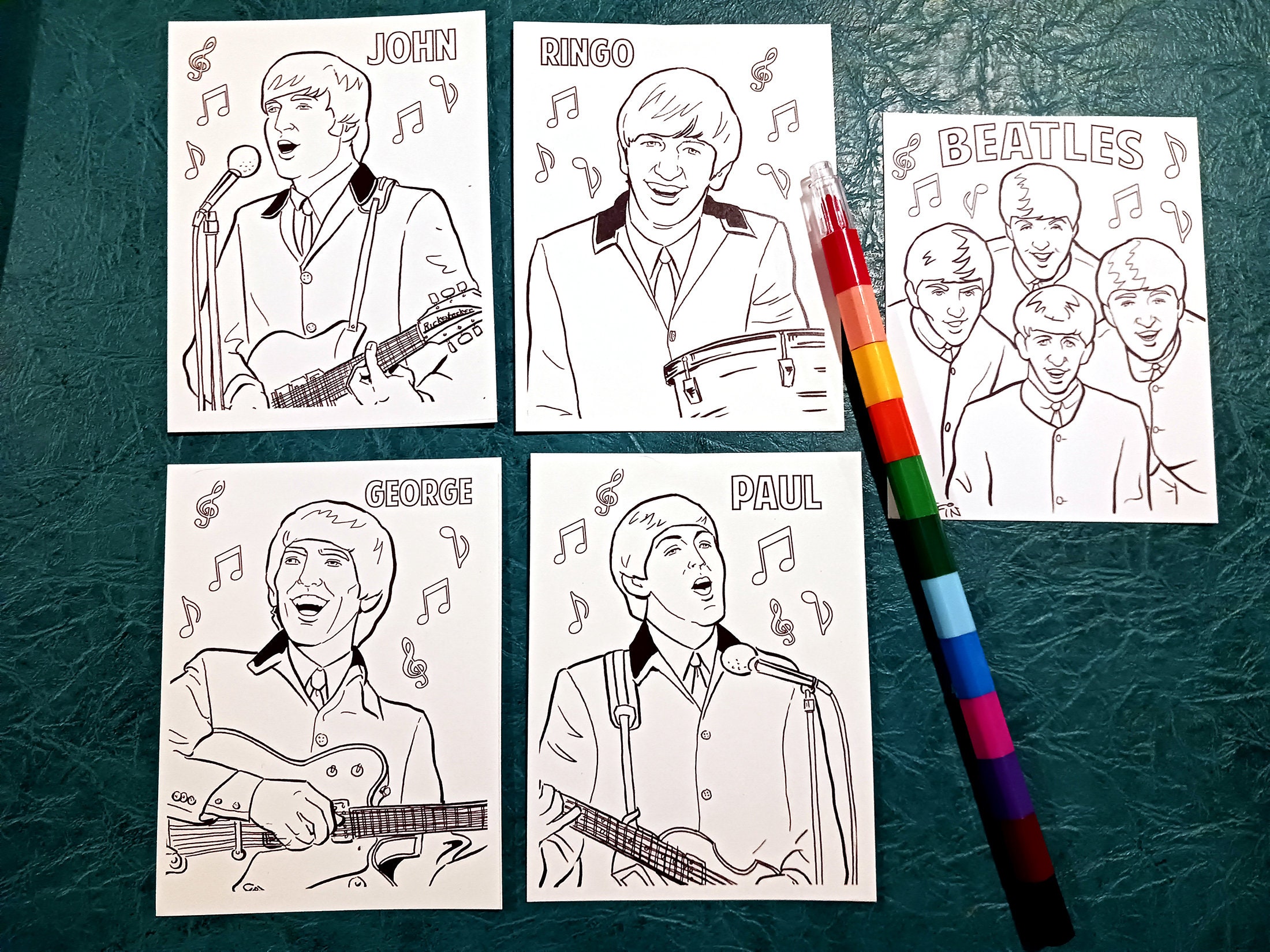 BEATLES coloring pages for adults, post card size, fun activity for kids, John Lennon, Ringo, Fab Four, crayons, stocking stuffer