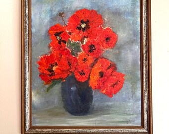 Vintage oil painting of red flowers