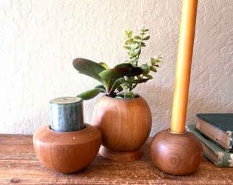 Vintage set of 3 mcm wood candle holders