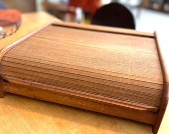 Vintage teak roller top  storage box Tambour